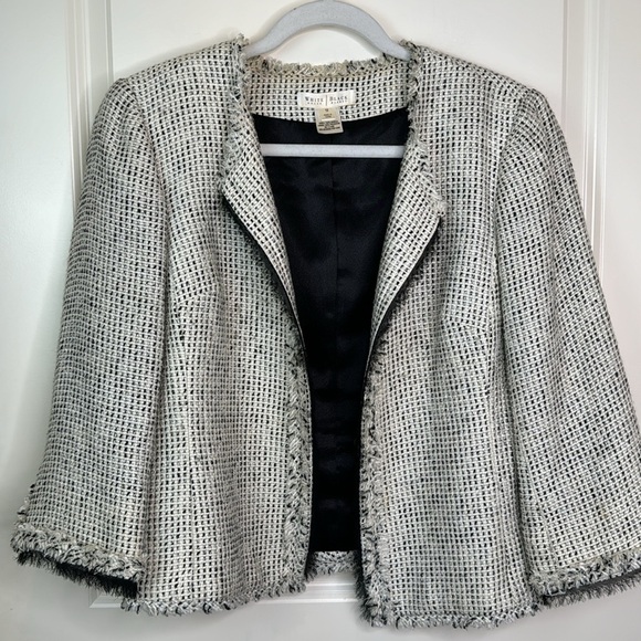 WHBM Tweed Fringe Jacket Black White 3/4 Sleeves Sz 12 - Picture 3 of 17